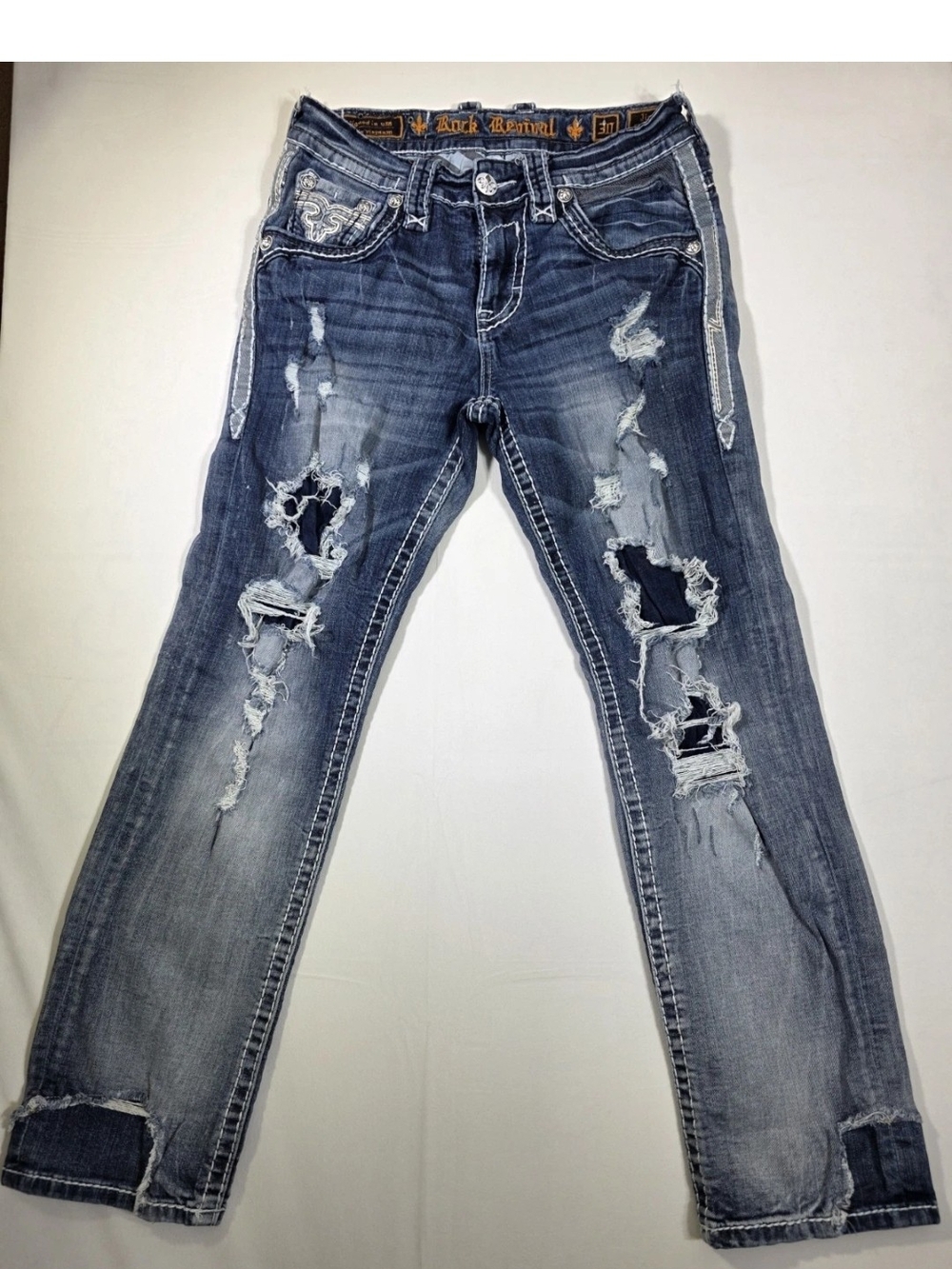 Rock Revival Jimy Straight Distressed Denim Jeans Men Size 30 X 27.5Thick Stitch
